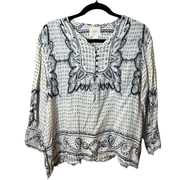 Maeve Tops - Maeve Anthropologie Size M Boho Pullover Top Blouse Blue White Hearts Buttons